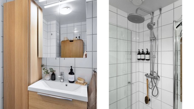 Rommet er innredet med servant med underskap, speilskap med belysning, klosett og dusjhjørne med svingbare glassdører.