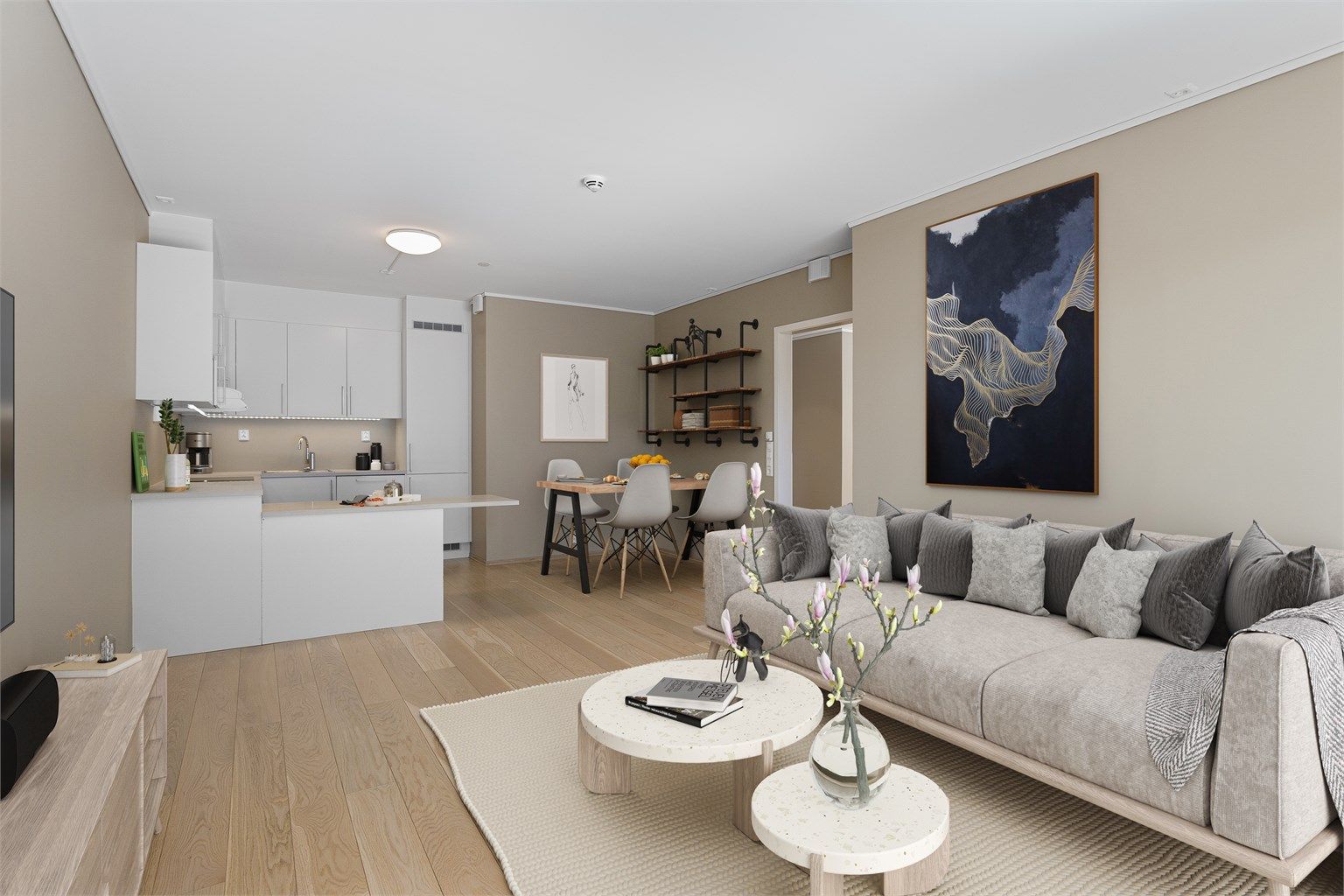 Stue/kjøkken - Rommet er digitalt stylet.