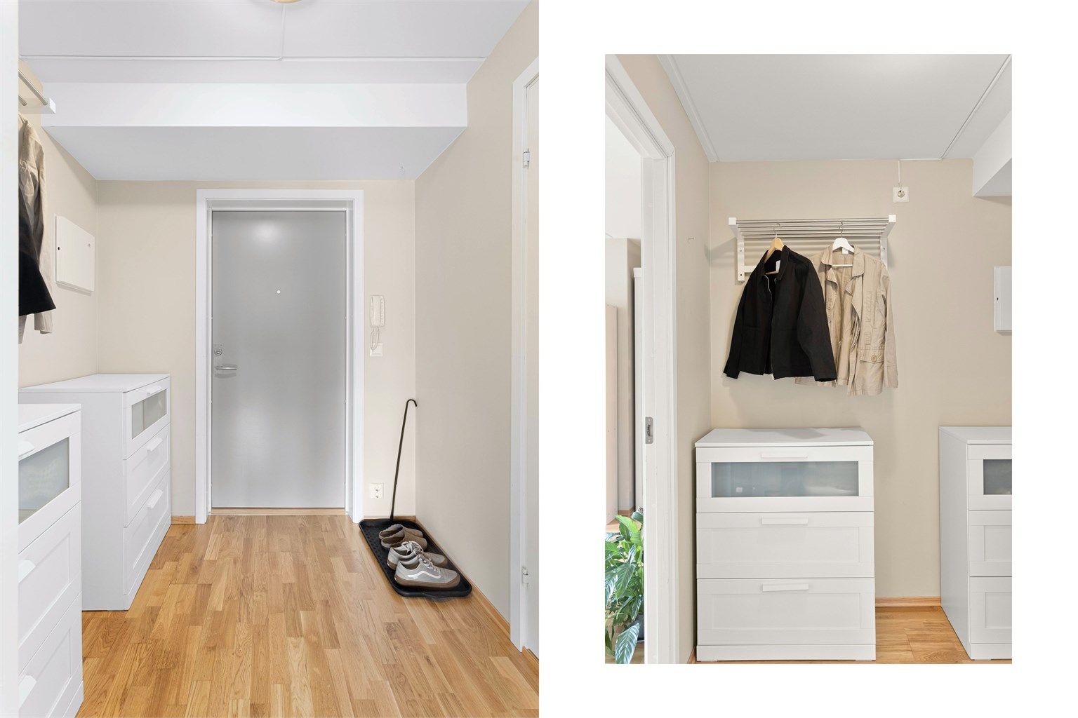 Romslig entré med plass til oppbevaringsmøbler for yttertøy og sko. Calling til ytterdør.