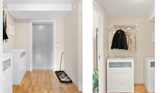 Romslig entré med plass til oppbevaringsmøbler for yttertøy og sko. Calling til ytterdør.