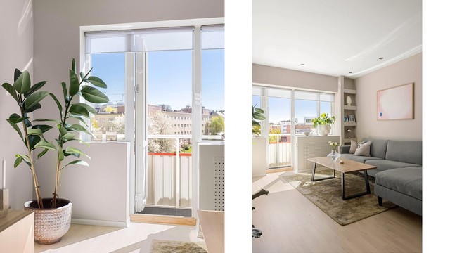 Direkte utgang fra stuen til balkongen via en balkongdør med 2-lags isolerglass.