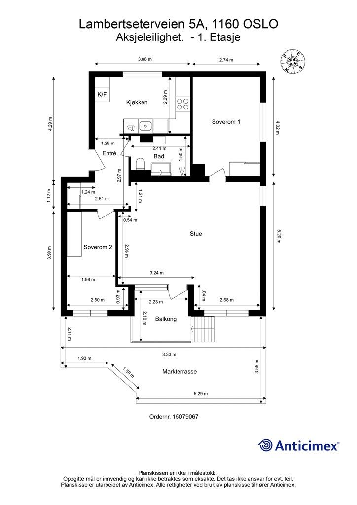 Leiligheten har en arealeffektiv planløsning på 67 m² som omfatter entré, to soverom, bad, kjøkken og stue.
