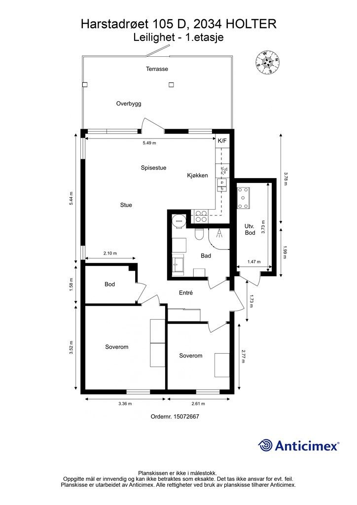 Plantegning med innvendige mål og himmelretning. 