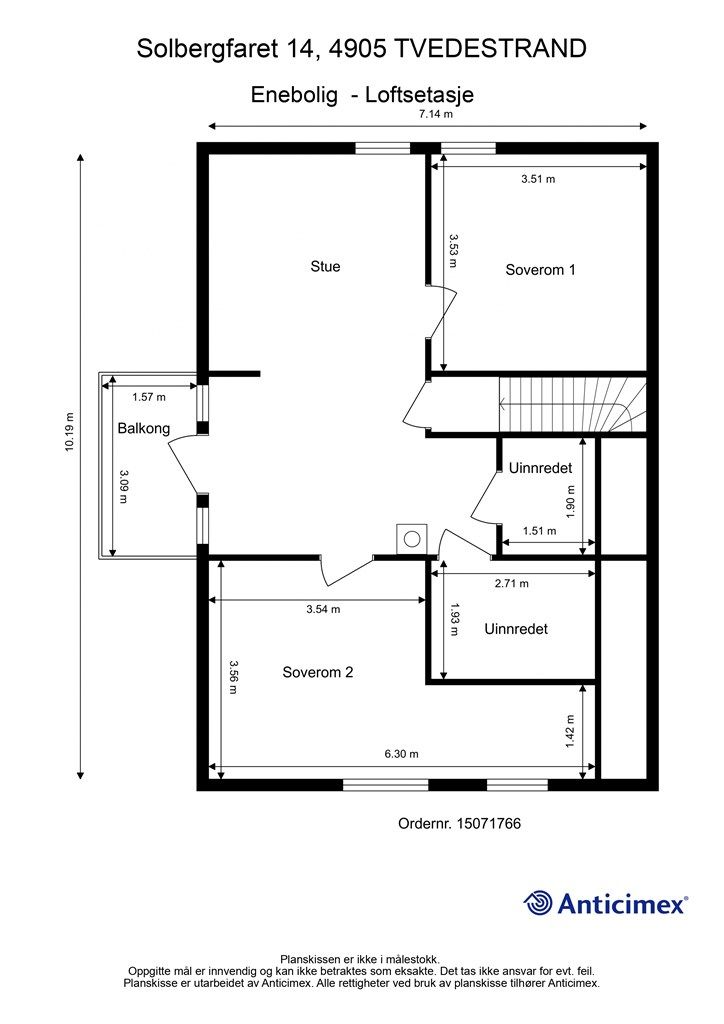 Plantegning 2. etasje. Det ene rommet som er uinnredet er tiltenkt bad hvor alt er tilrettelagt for dette. Del av loftstuen er tiltenkt soverom så her er det mulighet for å innredet til dette med enkle grep.