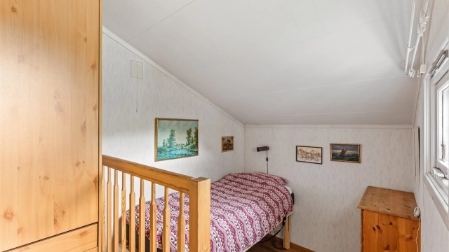 Det tredje soverommet i hovedetasjen, med plass til seng og oppbevaring.