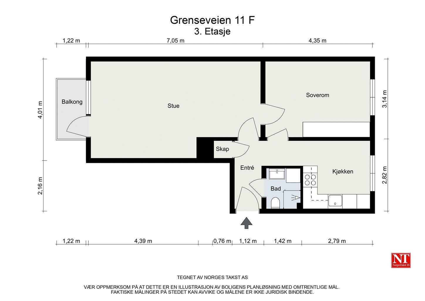 Planskissen viser en meget praktisk 2-roms med store, gode bruksrom.