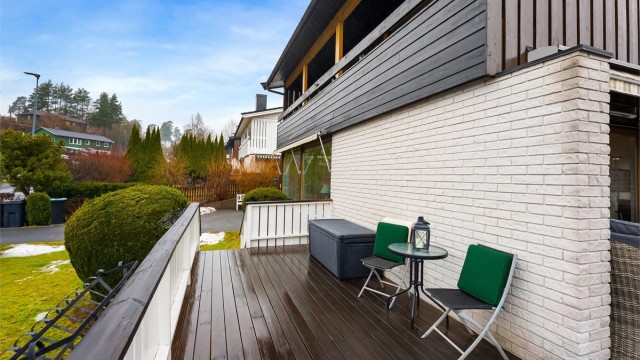 Utsikt fra terrassen mot hagen og nærområdet.