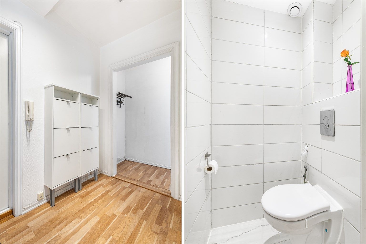 Toalettrommet er tilknyttet entreen og i senere år flislagt samt oppgradert med nytt klosett på innbygget sisterne.