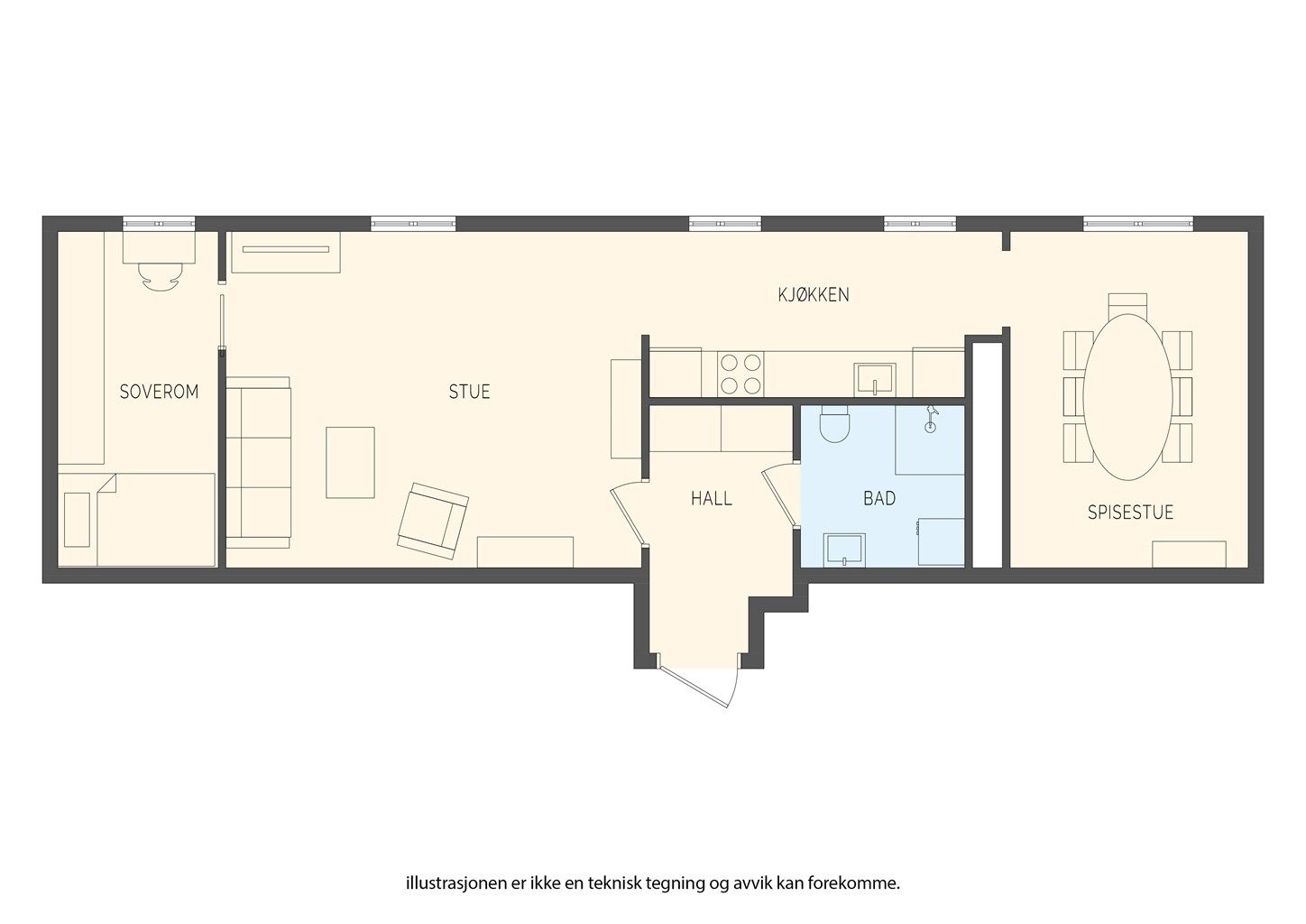Leiligheten på 61 m² har en arealeffektiv planløsning med to soverom og adkomst med heis.