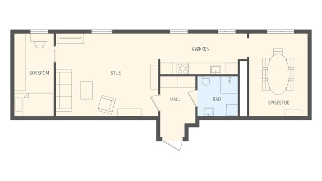 Leiligheten på 61 m² har en arealeffektiv planløsning med to soverom og adkomst med heis.