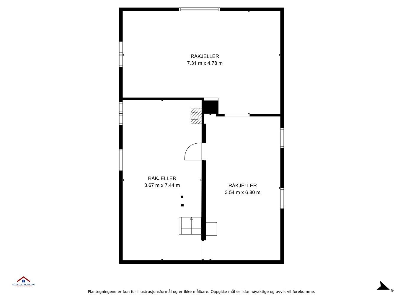 Plantegning av kjelleretasjen. Kjelleren er en råkjeller.