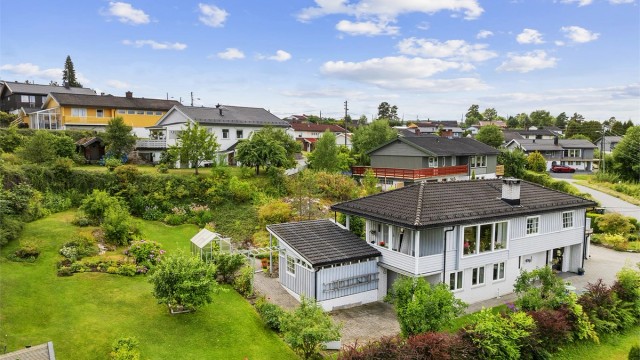 Særdeles lekker hage med plen, planter, bærbusker og mye mer