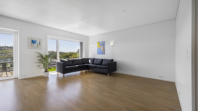 Stuen har god plass til en romslig sofagruppe.