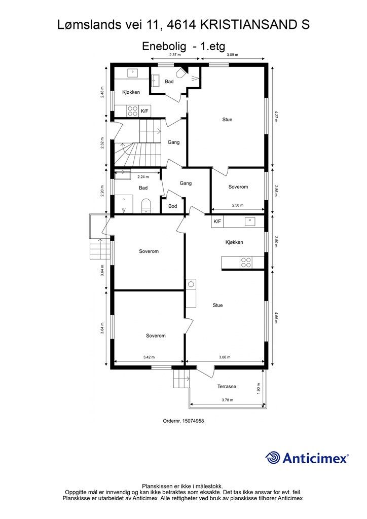 Plantegning med mål 1 etg
