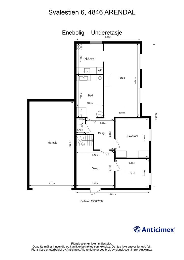 Plantegning underetasje. Dagens bruk er en søknadspliktig endring som ikke er dokumentert godkjent.