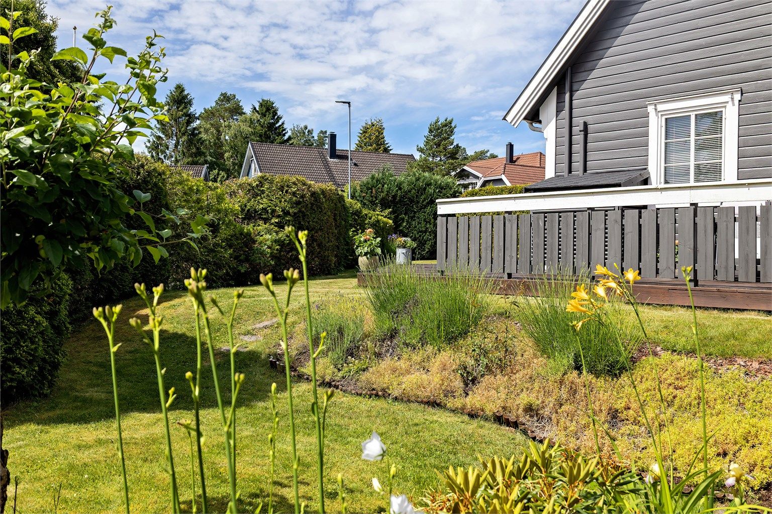 Lettstelt og velholdt hage med diverse beplantning.