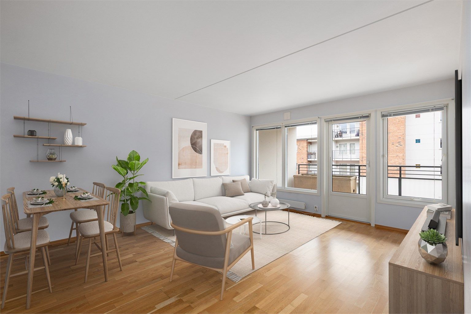 I stuen er det god plass til en sofa, spisebord og annet stuemøblement - bildet er digitalt stylet. Foto av fotograf Petter Tanum 