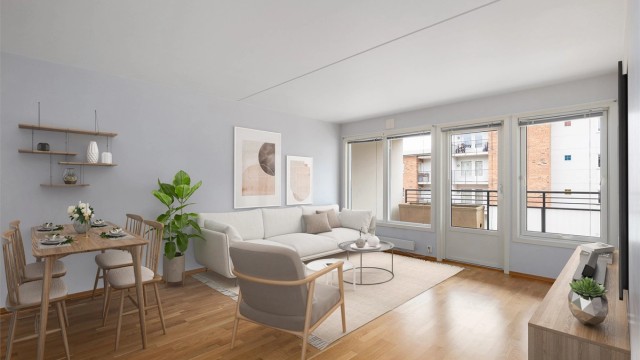 I stuen er det god plass til en sofa, spisebord og annet stuemøblement - bildet er digitalt stylet. Foto av fotograf Petter Tanum