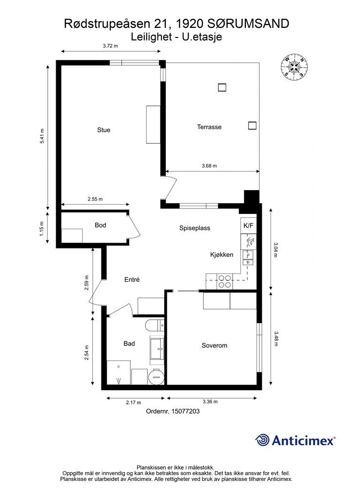 Plantegningen viser en arealeffektiv leilighet med stue, kjøkken, bad, soverom og en innvendig bod.