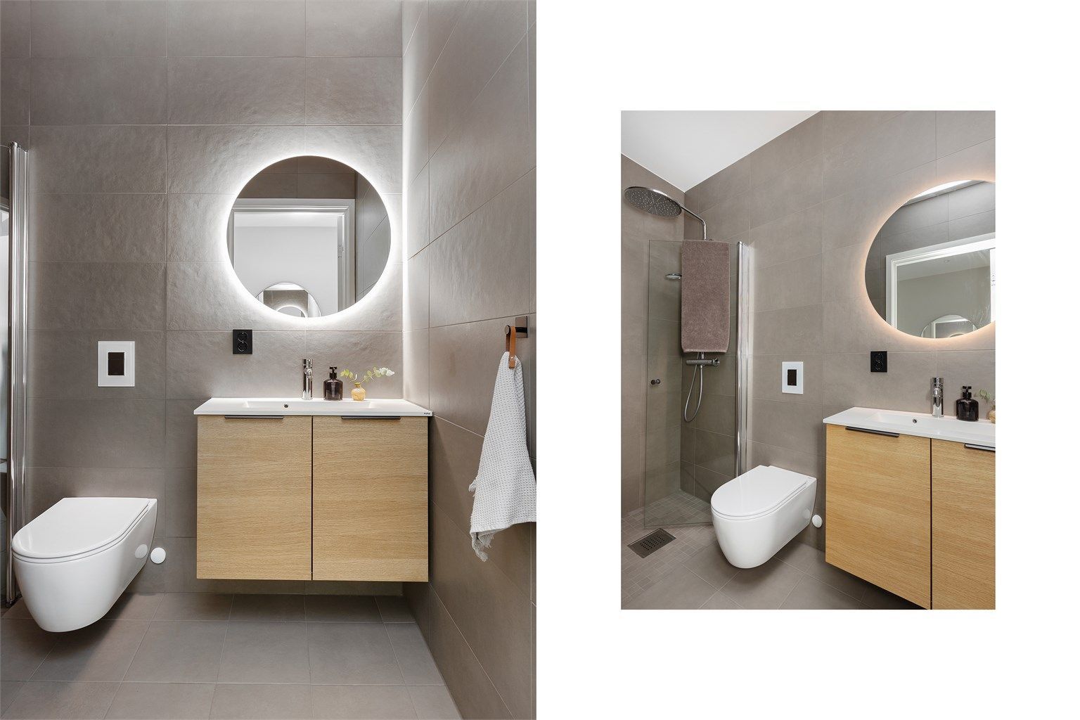 Delikat gjestebad med HTH-innredning, elektrisk gulvvarme og dusjhjørne.