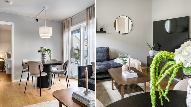 Det påkostede gulvet av én-stavs parkett er lagt gjennomgående og terskelfritt mellom stuen og entreen, samt til soverom I.