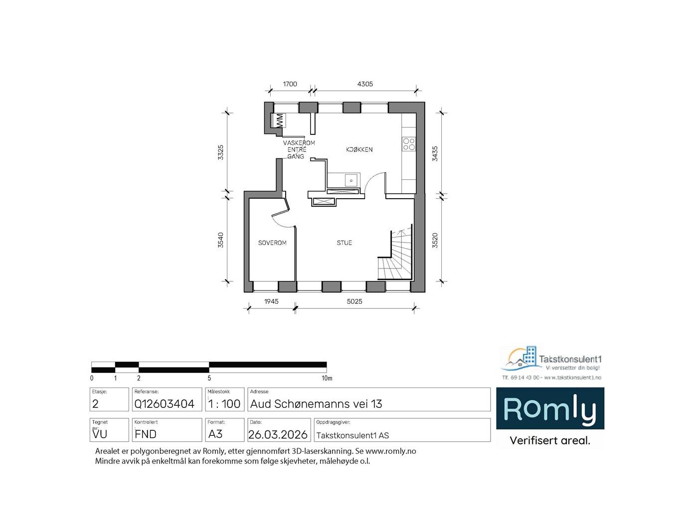 Leilighetens hovedplan på 46 m² har en klassisk rominndeling med separat kjøkken, stue og soverom.
