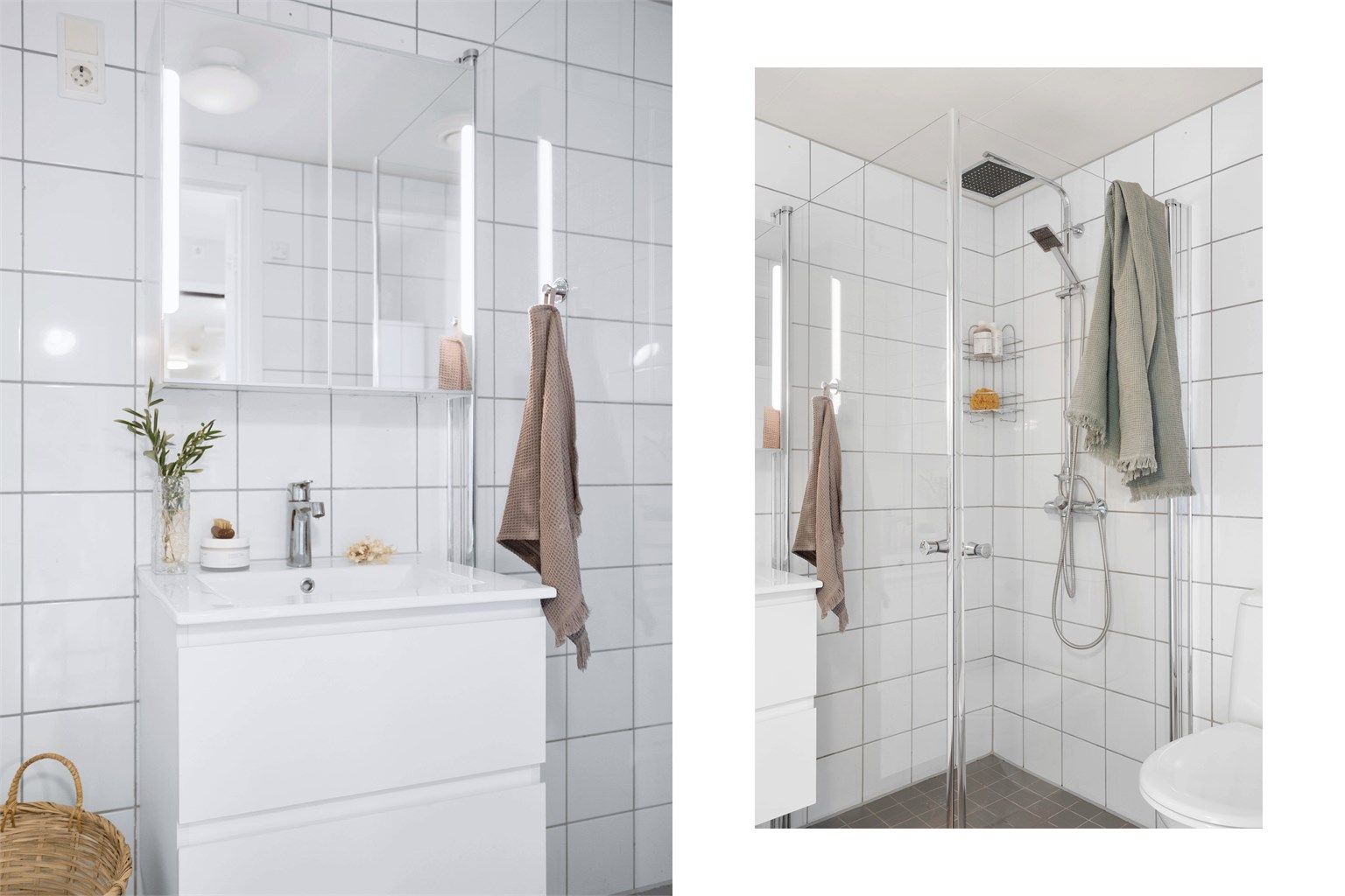 Badet er innredet med dusjhjørne, vegghengt toalett og opplegg for vaskemaskin, tilpasset en moderne hverdag.