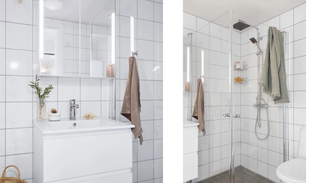 Badet er innredet med dusjhjørne, vegghengt toalett og opplegg for vaskemaskin, tilpasset en moderne hverdag.