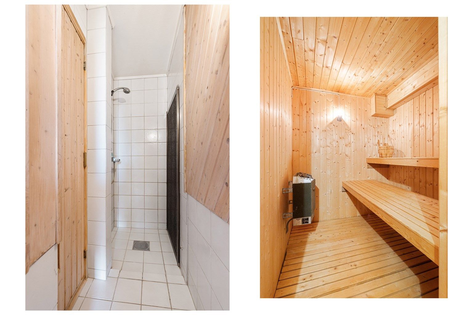 Direkte tilgang til disp. rom benyttet som badstue med benker i tre, elektrisk ovn, og avtrekksventil på veggen. Innredning av badstuen er ikke bruksendret/omsøkt og er heller ikke godkjent av kommunen.