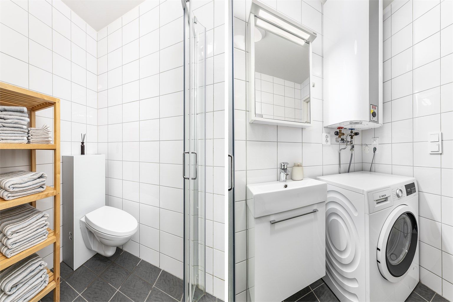 Leilighetens varmtvannsbereder er veggmontert på badet, med avsatt plass til vaskemaskin under.