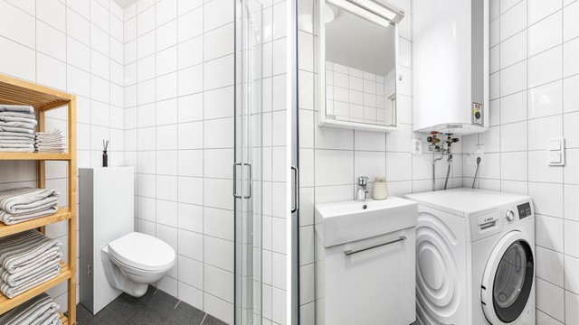 Leilighetens varmtvannsbereder er veggmontert på badet, med avsatt plass til vaskemaskin under.