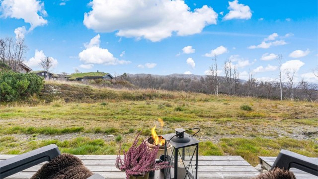 Flott utsikt og gode solforhold. Stor plen for aktiviteter. Utsikt mot Hartevassnutane.