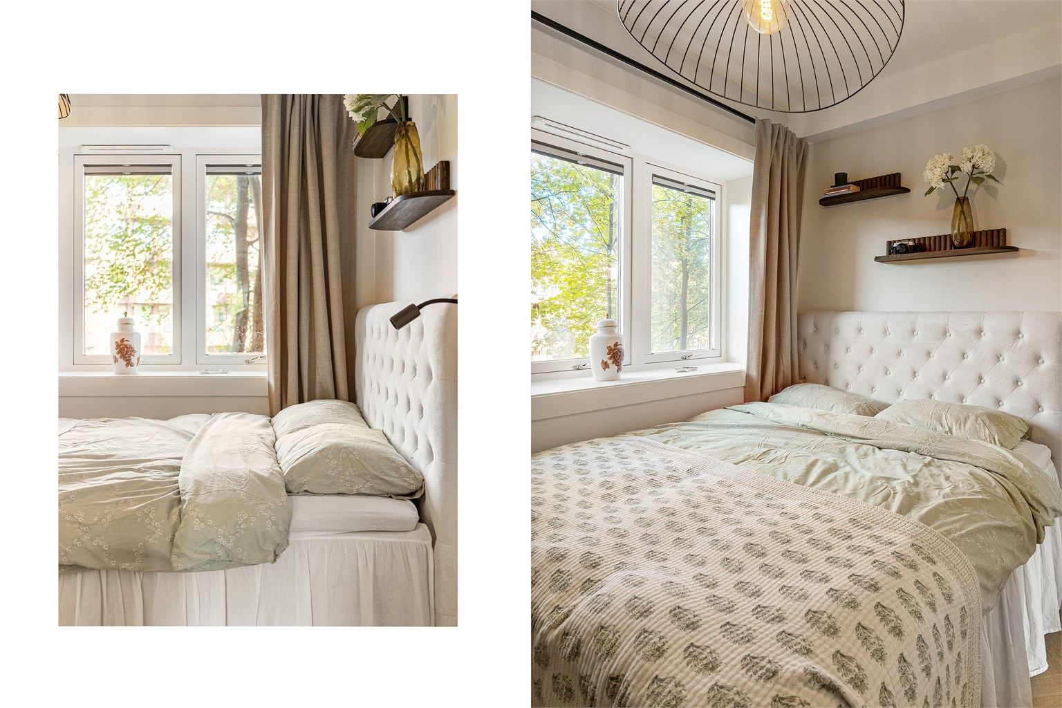 Den store, tredelte vindusrekken slipper inn rikelig med naturlig lys og gir soverommet en lys og behagelig atmosfære.