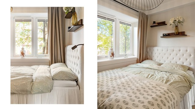 Den store, tredelte vindusrekken slipper inn rikelig med naturlig lys og gir soverommet en lys og behagelig atmosfære.