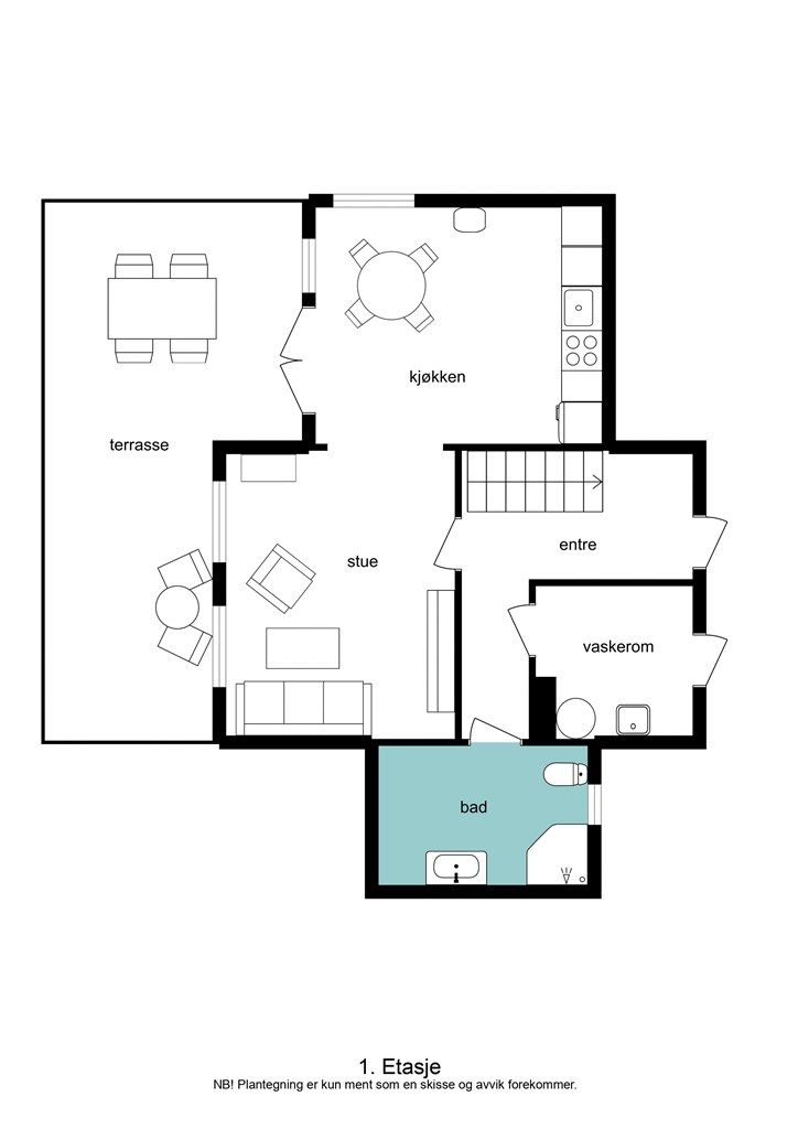 Første etasje har en arealeffektiv planløsning med åpen stue- og kjøkkenløsning, bad, vaskerom og entré.