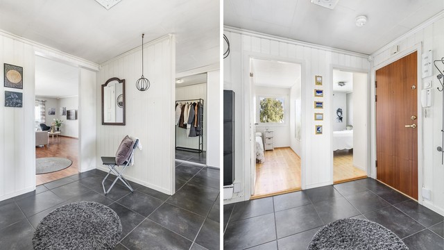 Soverommene er distansert fra stuen og samlet på motsatt side av entreen i forhold til stuen.