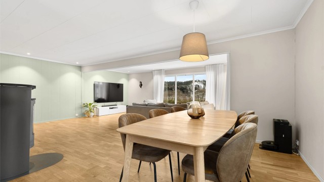 God plass til en stor spisegruppe m/ peis