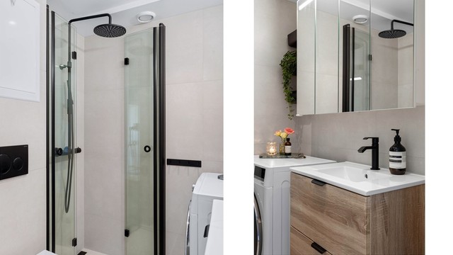Badet er innredet med vegghengt toalett, servantmøbel og dusjhjørne med svingbare glassdører. Det er opplegg for vaskemaskin.