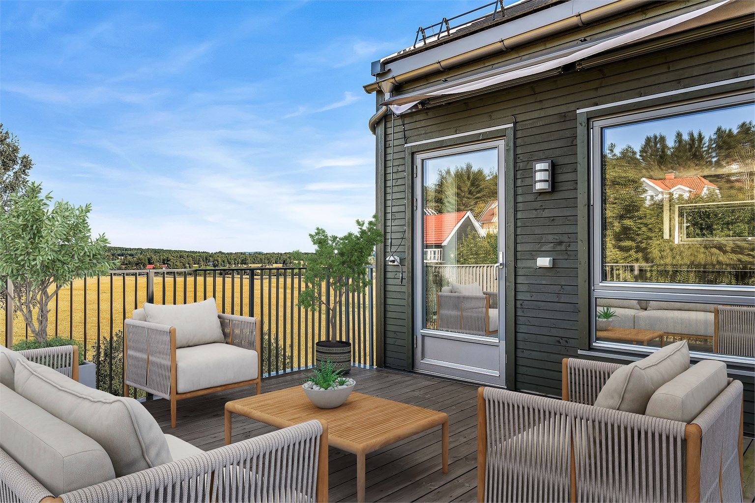 Hyggelig terrasse med flott og åpen utsikt over nærområdet – et fint sted for både avslapning og sosiale stunder. Bildet er digitalt stylet.