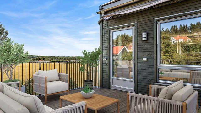 Hyggelig terrasse med flott og åpen utsikt over nærområdet – et fint sted for både avslapning og sosiale stunder. Bildet er digitalt stylet.