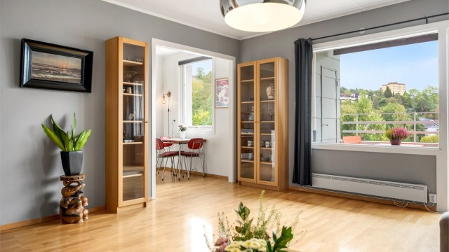 Store vindusflater slipper inn rikelig med dagslys og gir utsyn mot grønne omgivelser. Vinduene ble skiftet i 2015.