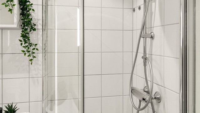 Dusjhjørne med svingbare glassdører utnytter plassen effektivt.