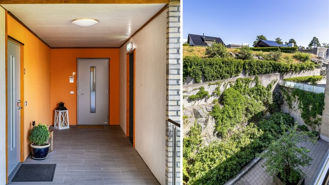Mellom ytterdøren og heisen er det kun et fåtall skritt å gå. Det inntrukne inngangspartiet er meget godt skjermet for nedbør og vind.