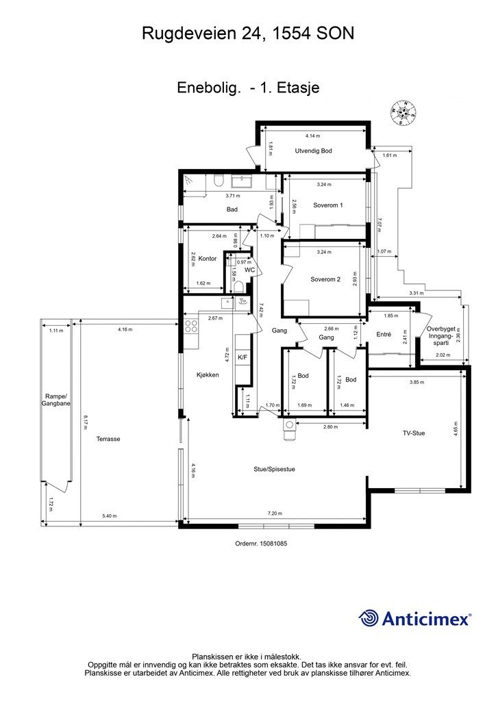 Veiledende skisse av boligens planløsning med alt på én flate.