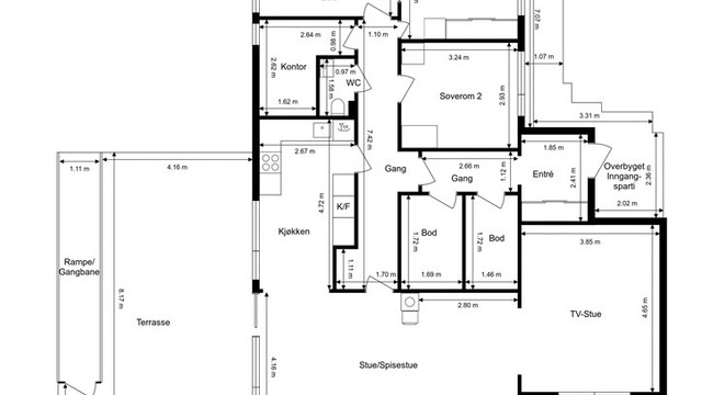 Veiledende skisse av boligens planløsning med alt på én flate.