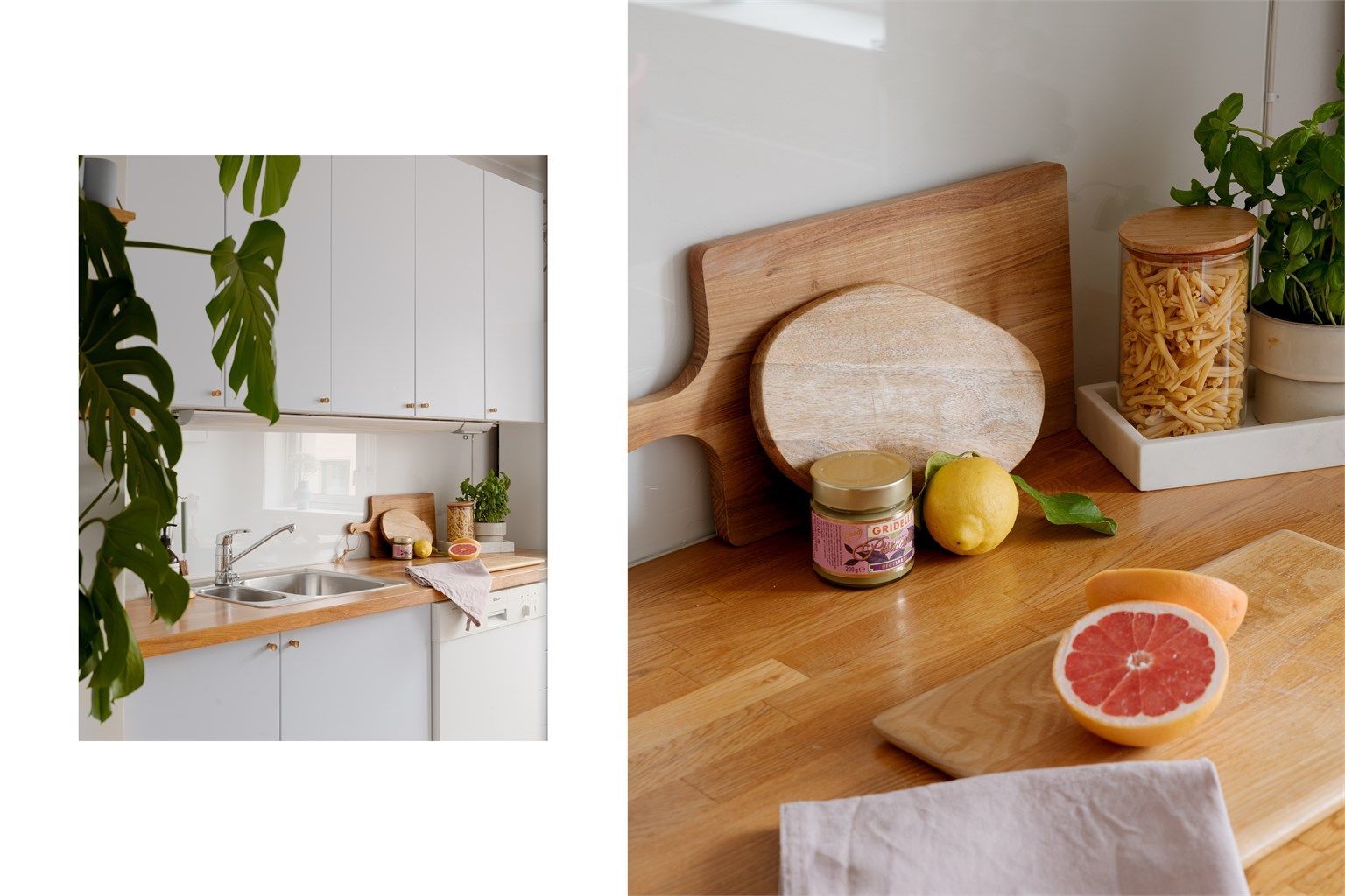 Kjøkkeninnredningen fra IKEA har glatte fronter og en solid benkeplate i heltre med nedfelt kum.