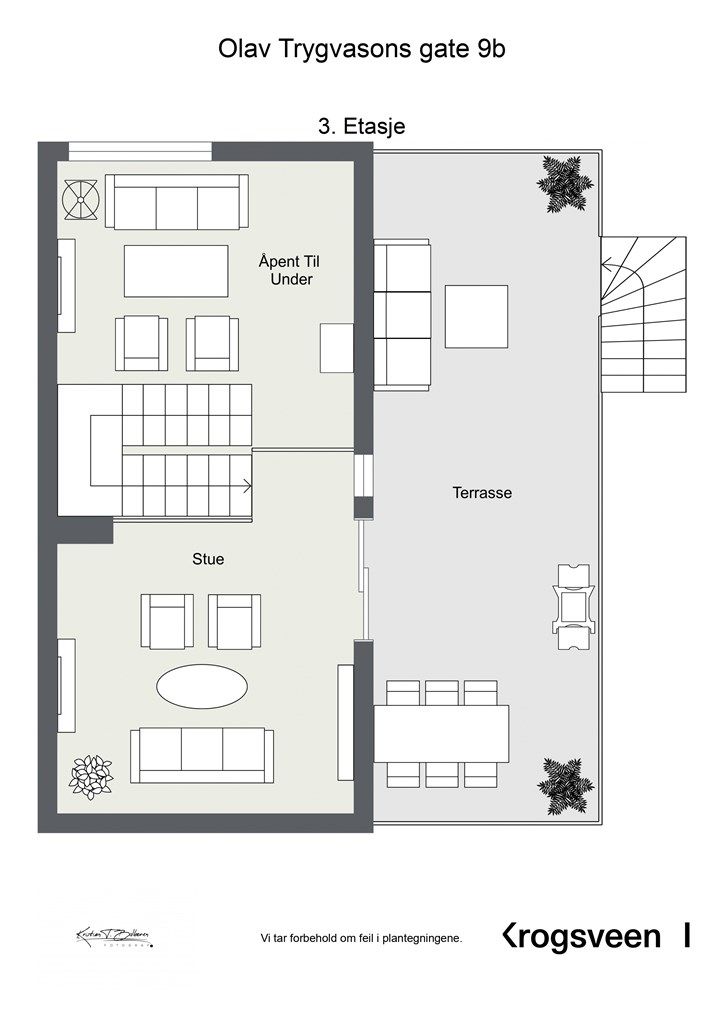 Toppetasjen består av en lys loftstue med direkte utgang til den store takterrassen.