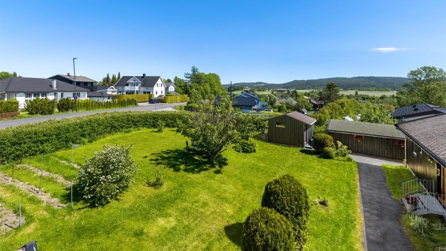 Nydelig hage oppabeidet med plen, beplantning og hekk