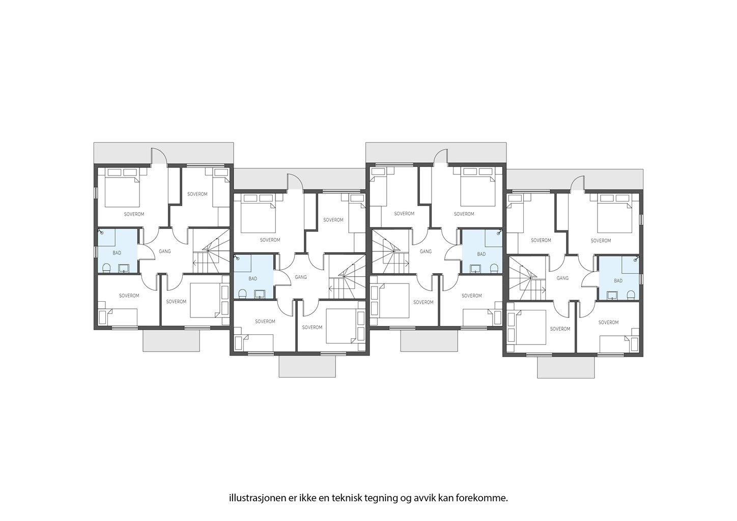 Plantegning 2. etasje - det er lik løsning for boligen i 3-mannsbolig.