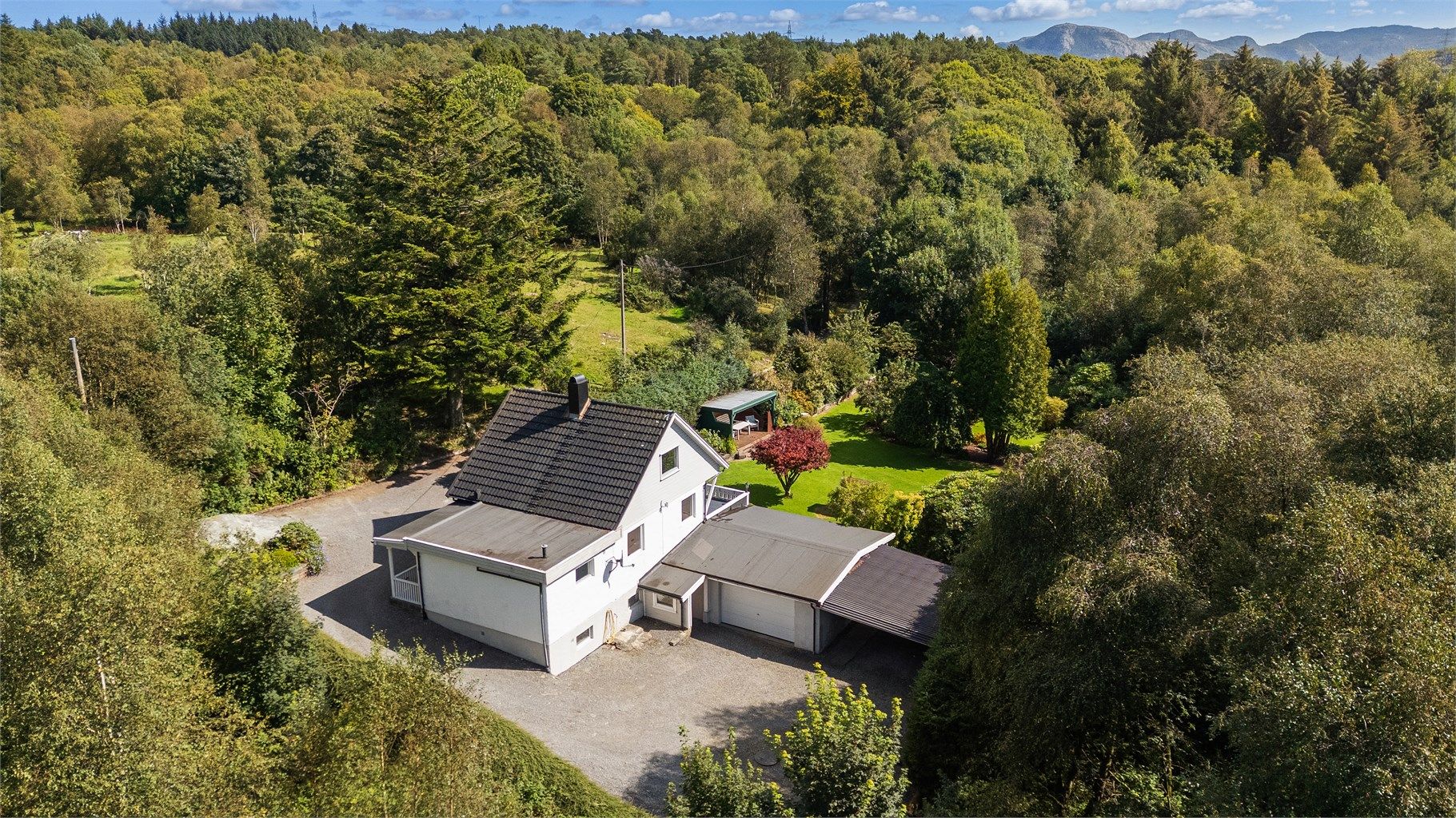 Eiendommen er omkranset av vakker, grønn skog 
